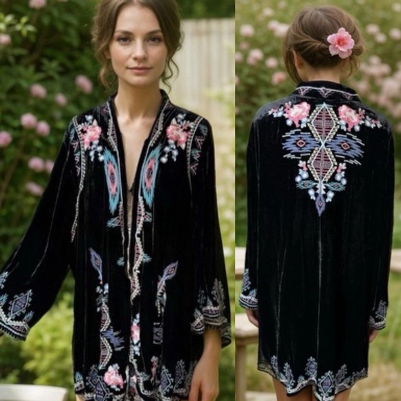 Johnny Was Silk Velvet Burnout Duster Kimono Sweater Jacket Boho Embroidery Sz S - Picture 2 of 16